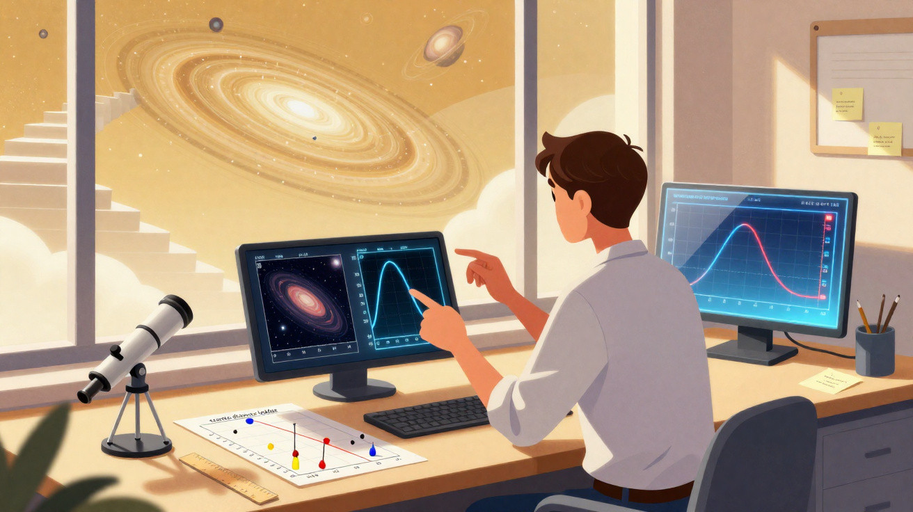 Homem a analisar gráficos e imagens de galáxias em dois ecrãs num escritório com telescópio na janela.