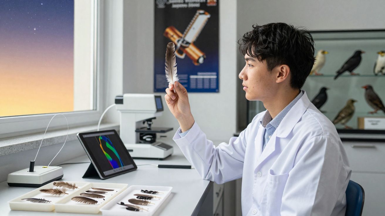 Cientista em bata branca examina pena no laboratório com amostras em bandejas e microscópio.