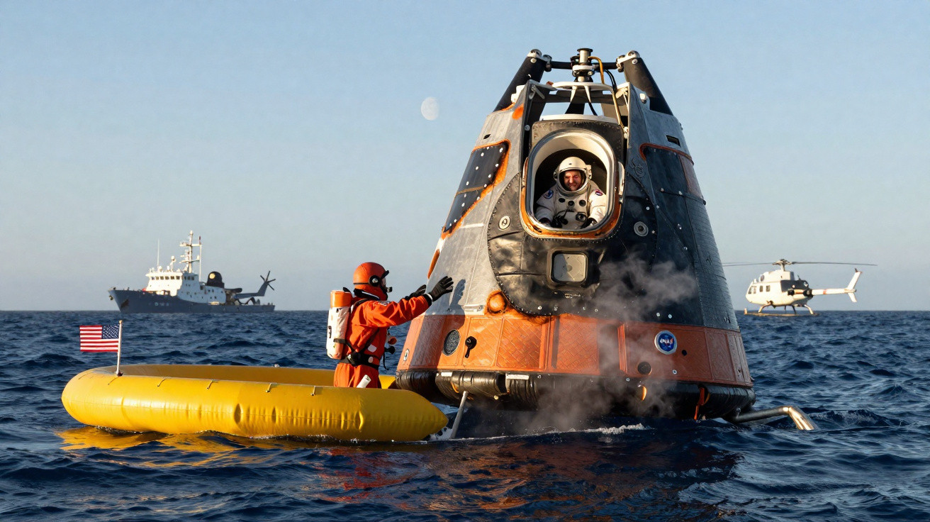 Astronauta dentro de cápsula espacial a flutuar no oceano, acompanhado por equipa de resgate numa bóia amarela.