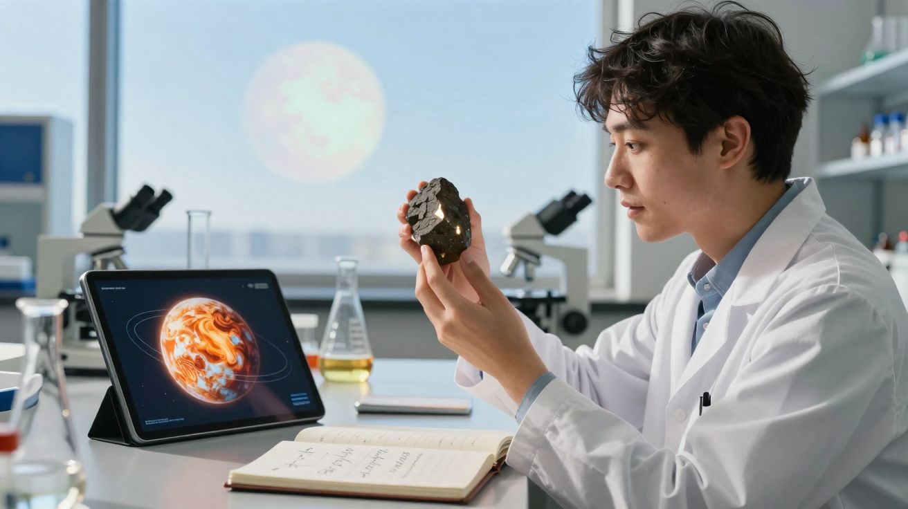 Cientista analisa meteorito em laboratório com tablet a mostrar imagem de planeta e microscópios ao fundo.