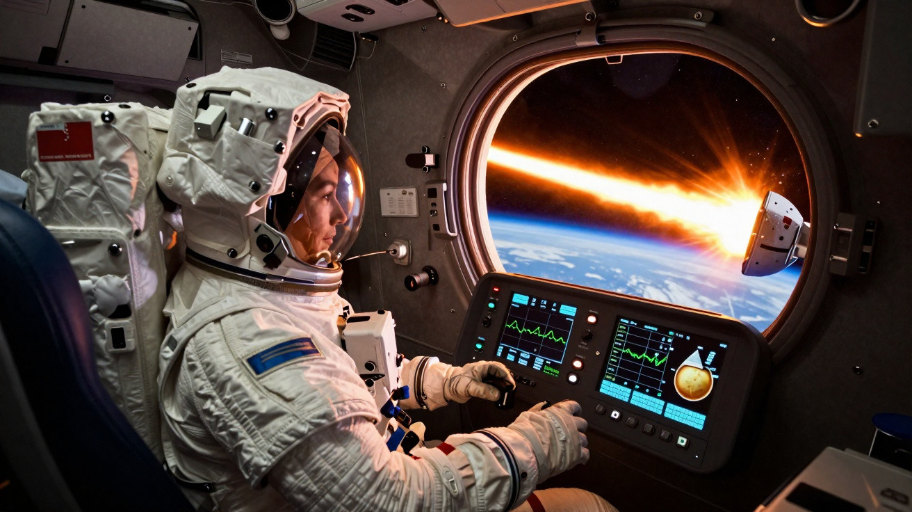 Astronauta em fato espacial a controlar painéis dentro de nave, observando reentrada na atmosfera terrestre pela janela.