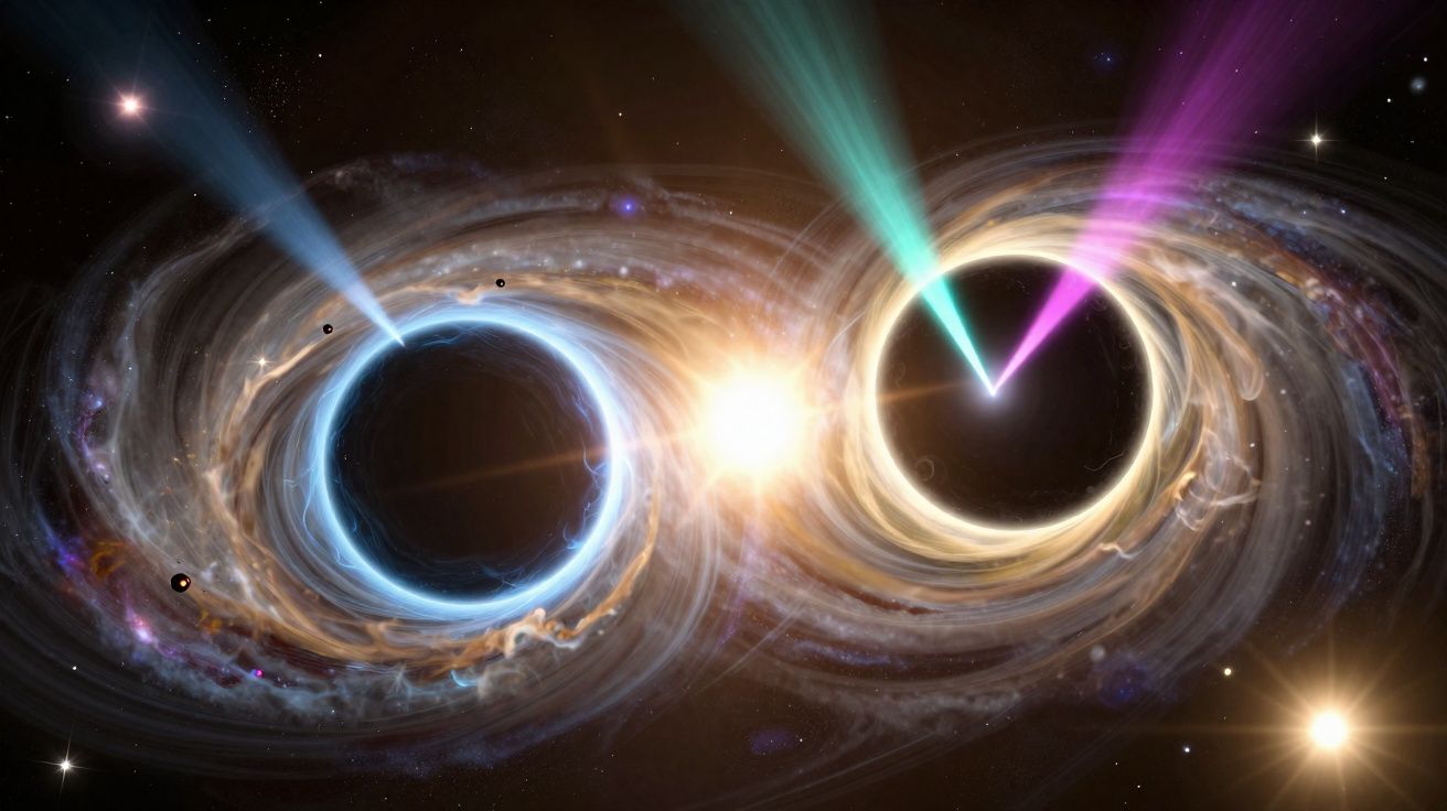 Ilustração de dois buracos negros em colisão a emitir jatos de energia coloridos no espaço.