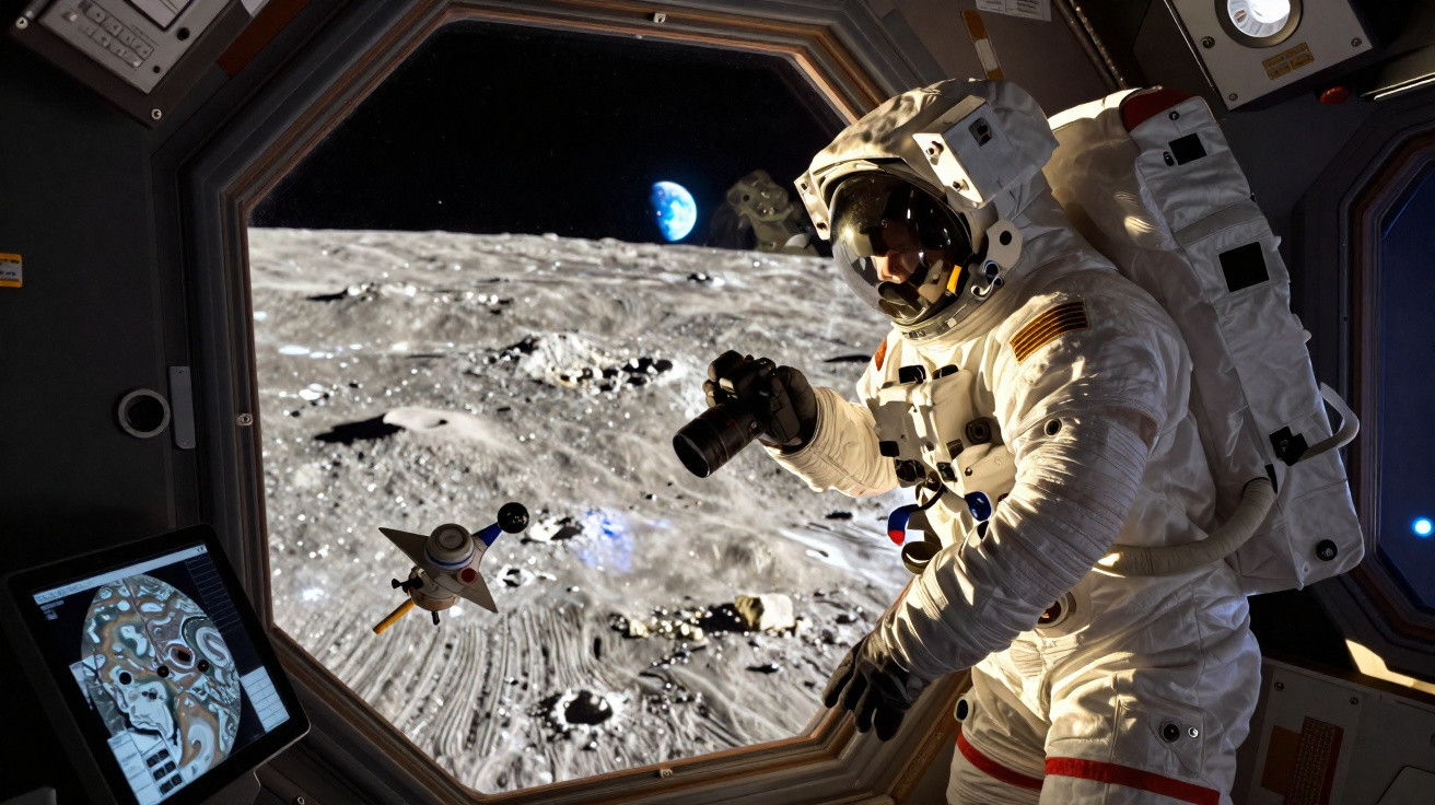 Astronauta em traje espacial observa a Lua e a Terra através da janela de uma nave espacial.