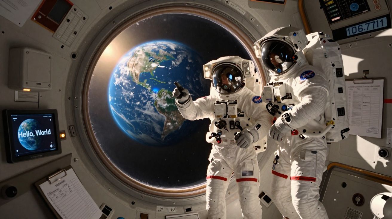 Dois astronautas em fato espacial observam a Terra através da janela de uma nave espacial.
