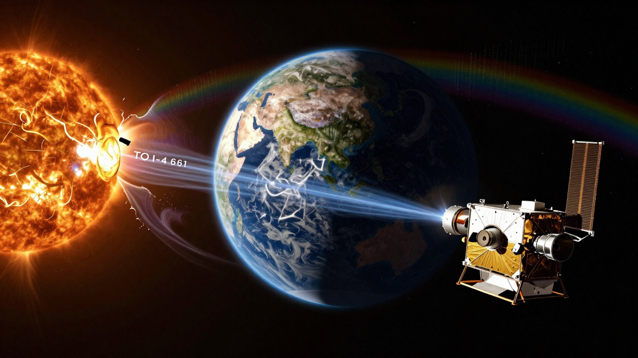 Ilustração do Sol a emitir radiação intensa e uma sonda espacial a transmitir dados à Terra vista do espaço.
