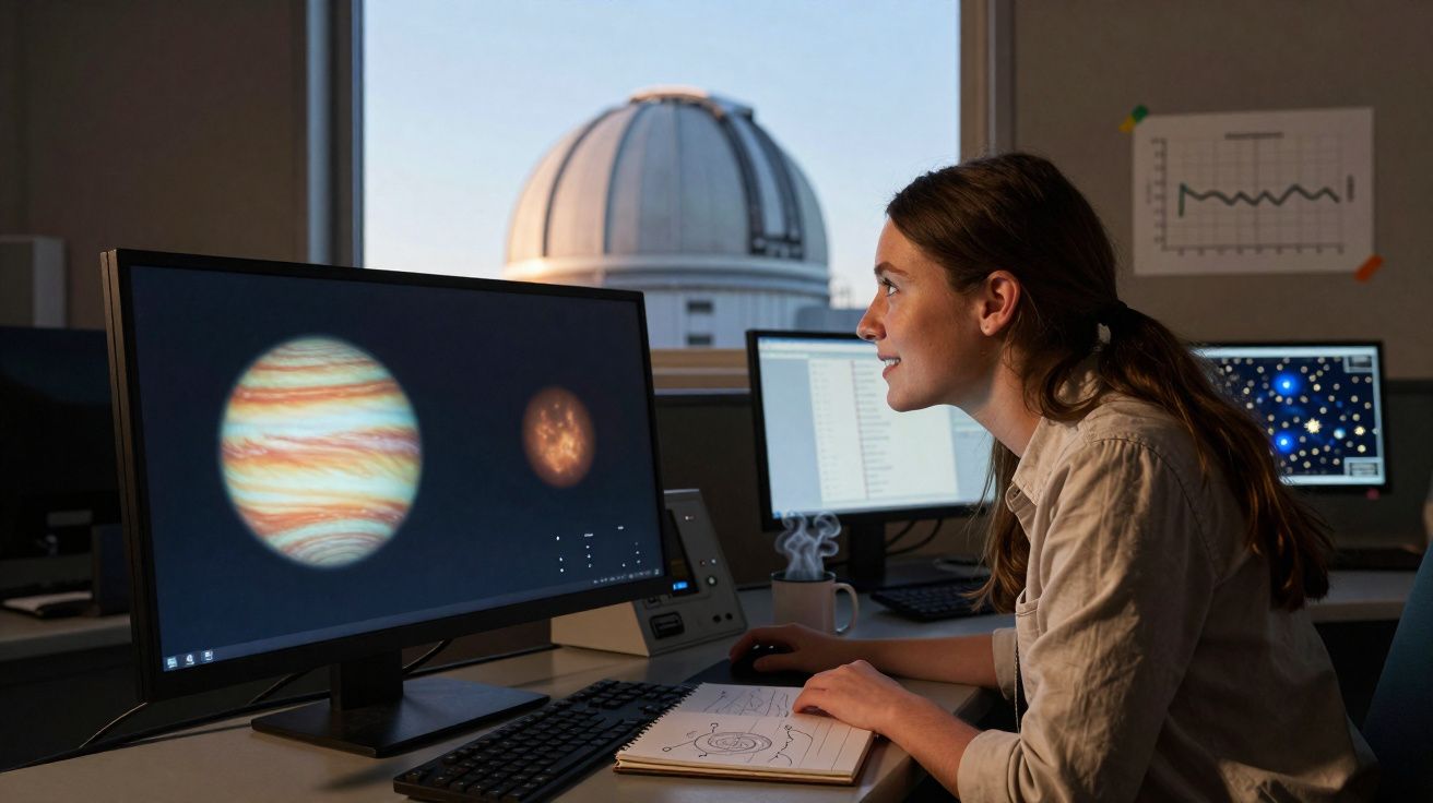 Mulher a analisar imagens de planetas num computador, janela mostra observatório astronómico ao fundo.