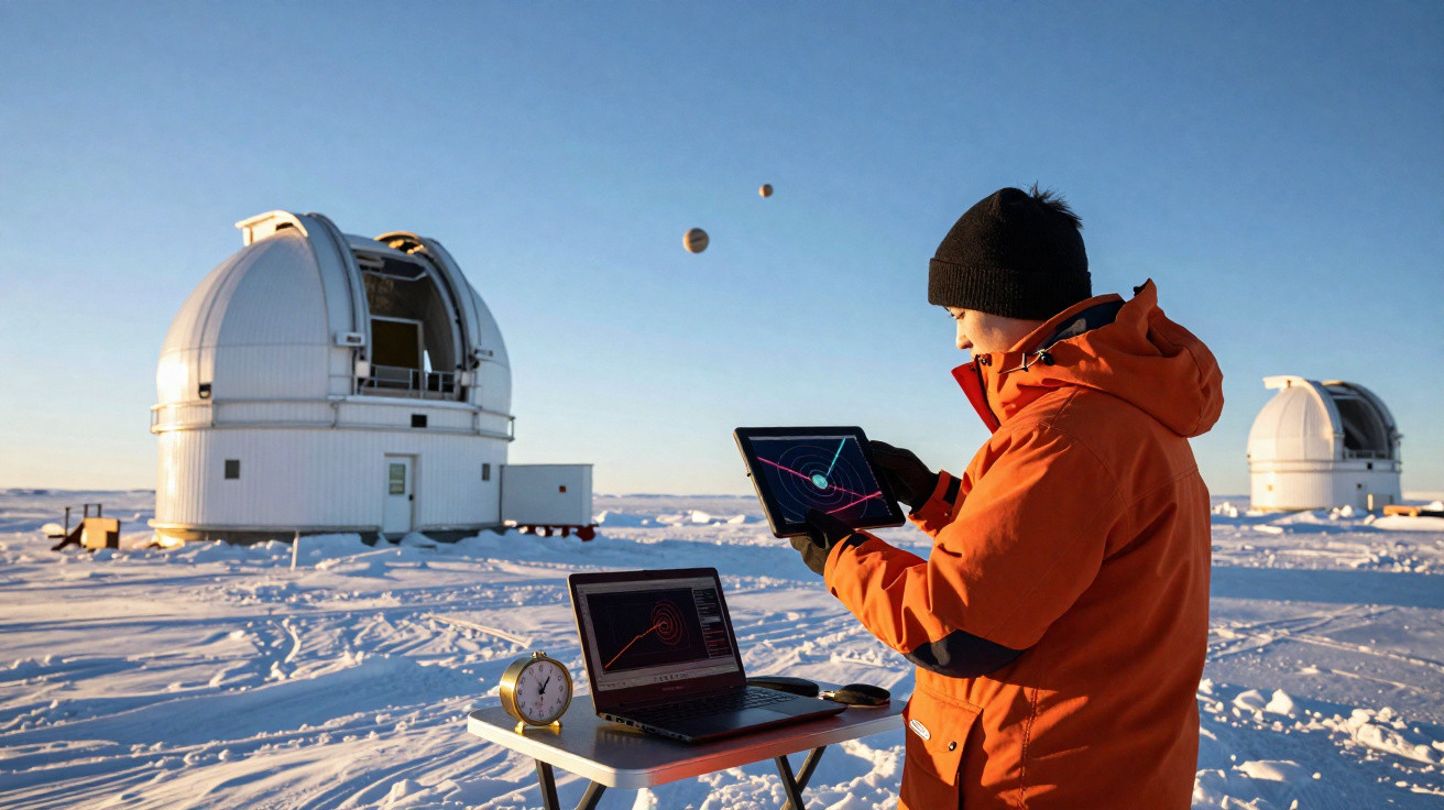 Pessoa com casaco laranja a usar tablet e computador numa estação de observatório astronómico na neve.