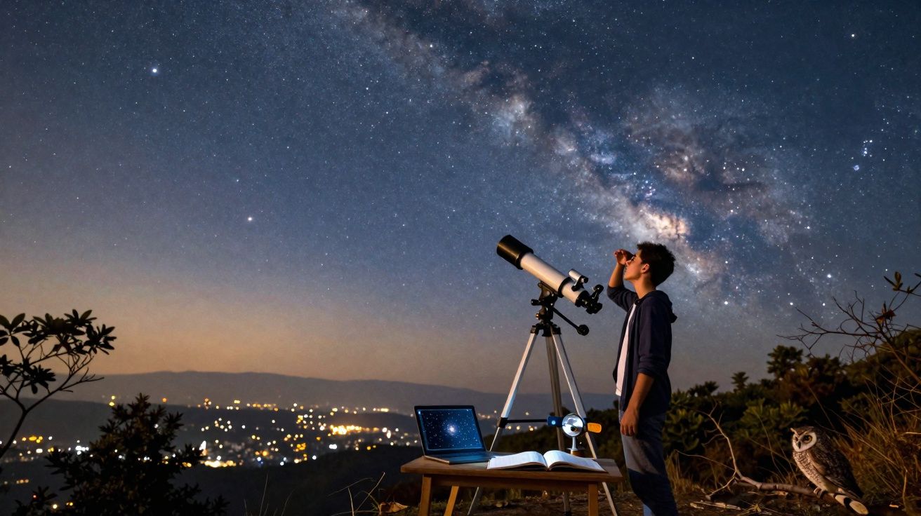 Pessoa observa estrelas com telescópio sob Via Láctea à noite, com laptop e livro numa mesa ao ar livre.