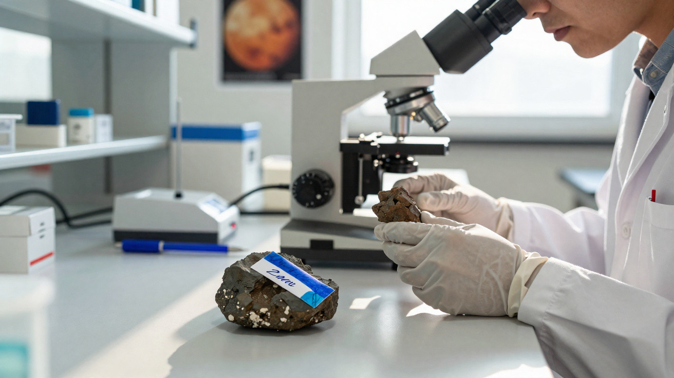 Cientista de luvas brancas a examinar uma rocha em laboratório com microscópio ao fundo.