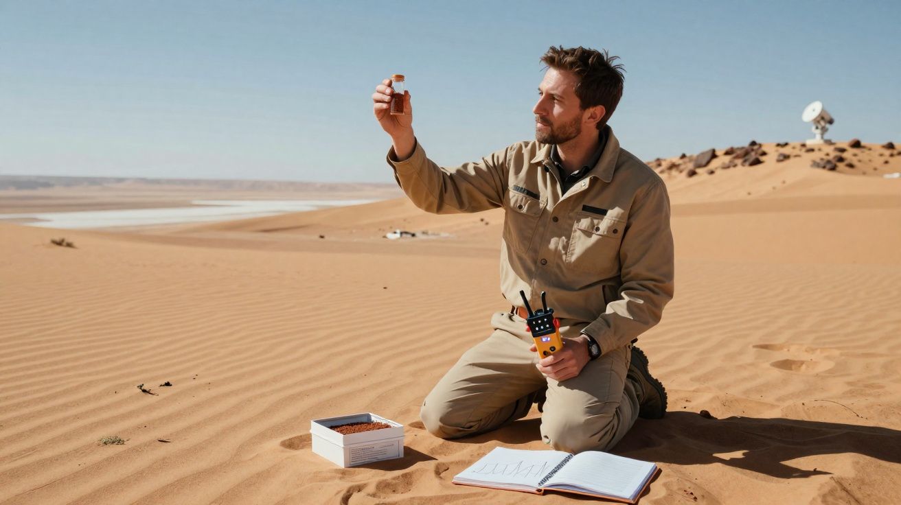 Homem sentado no deserto a examinar amostra de solo com rádio e caderno abertos na areia.