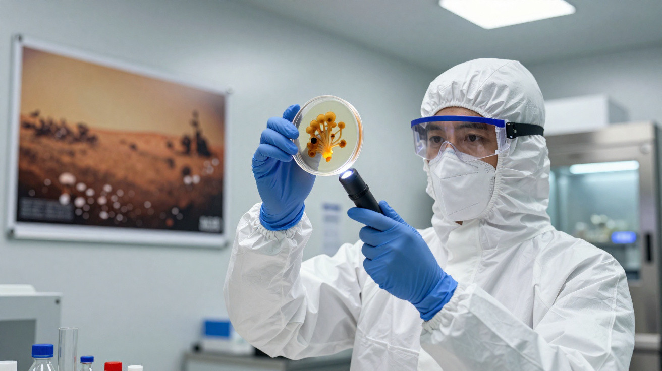 Cientista em equipamento de proteção a analisar cultura de bactérias numa placa de Petri num laboratório.