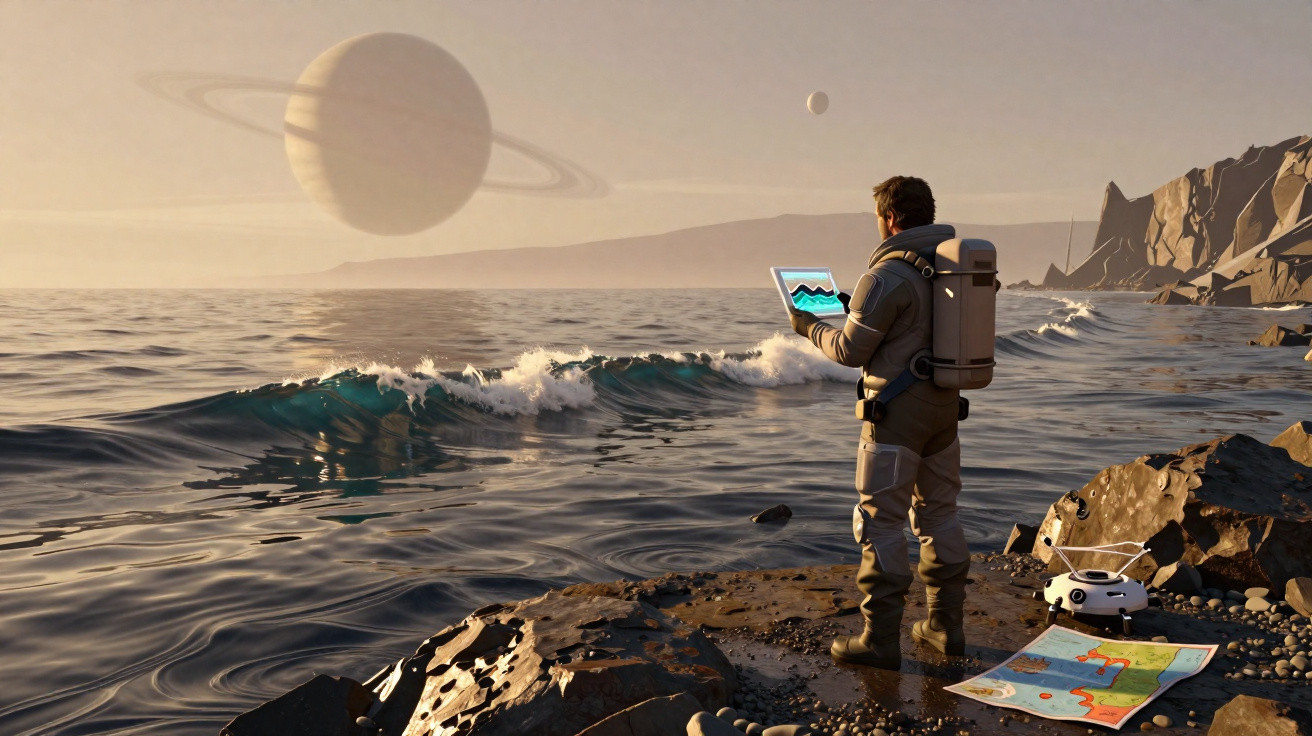 Astronauta com equipamento tecnológico junto a maré, planetas visíveis no céu e mapa ao chão numa paisagem rochosa.