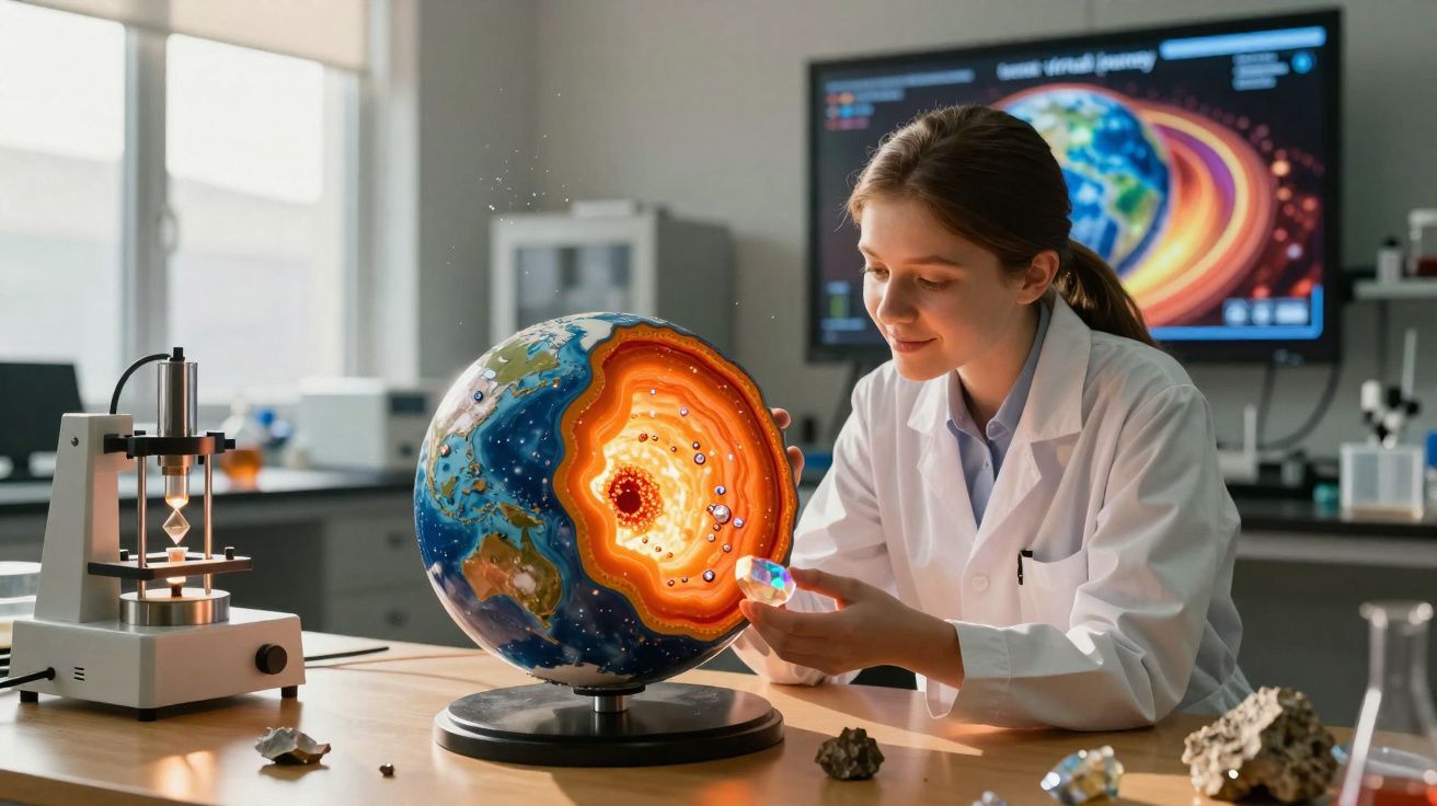 Mulher cientista observa modelo em globo terrestre com corte transversal mostrando camadas internas da Terra.