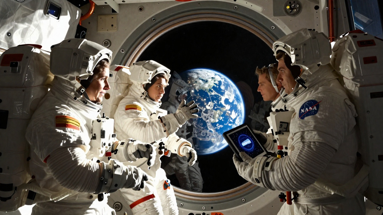 Quatro astronautas em fatos espaciais dentro de uma estação espacial com a Terra visível pela janela circular.