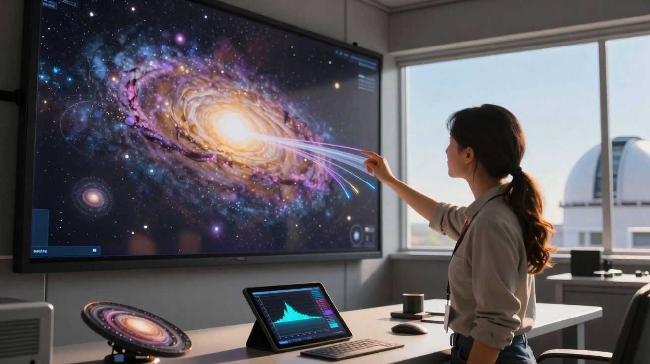Mulher em laboratório a interagir com imagem gigante de galáxia numa tela digital.