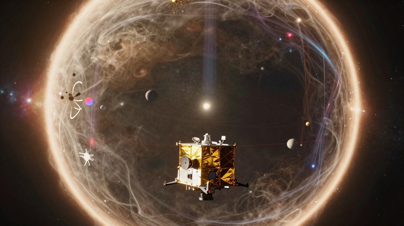 Sonda espacial dourada a circular no espaço com planetas e anéis brilhantes ao fundo.