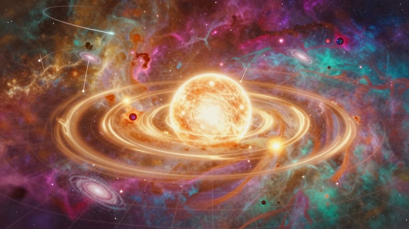 Sistema solar colorido com sol brilhante no centro e vários planetas em órbita numa galáxia vibrante.