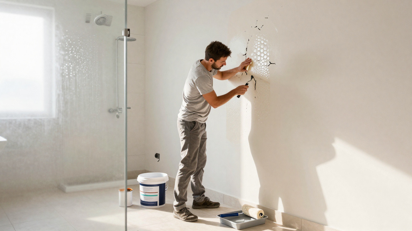 Homem a reparar buraco na parede enquanto trabalhadores renovam casa com materiais de pintura.