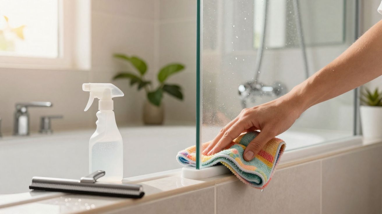 Mão a limpar vidro de banheira com pano multicolor e frasco de spray em casa de banho clara e moderna.