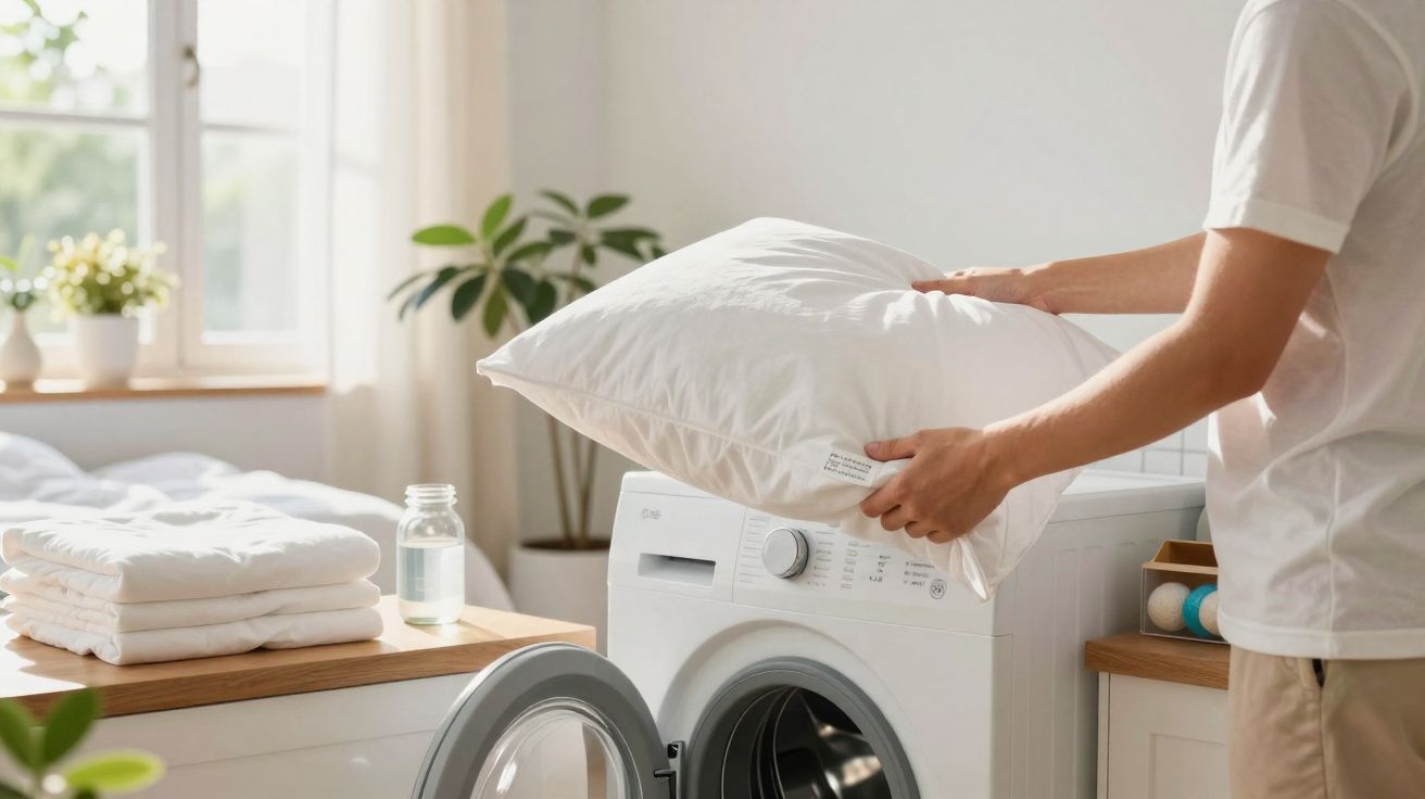 Pessoa a colocar uma almofada branca numa máquina de lavar roupa numa casa luminosa.