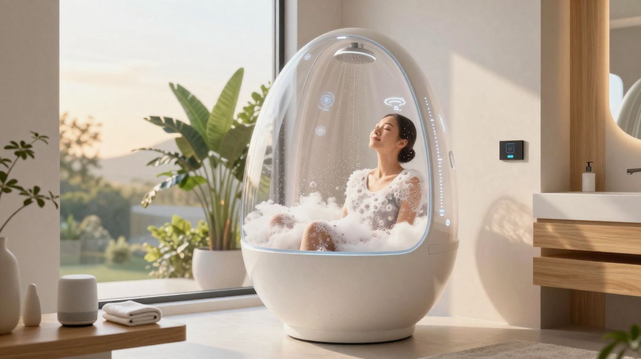 Mulher relaxa numa banheira futurista cheia de espuma, numa casa moderna com grande janela e plantas.