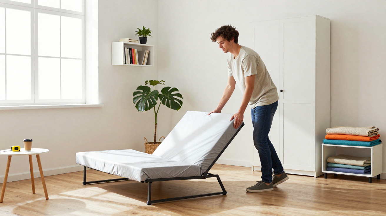 Homem a ajustar colchão numa cama dobrável num quarto luminoso e minimalista.