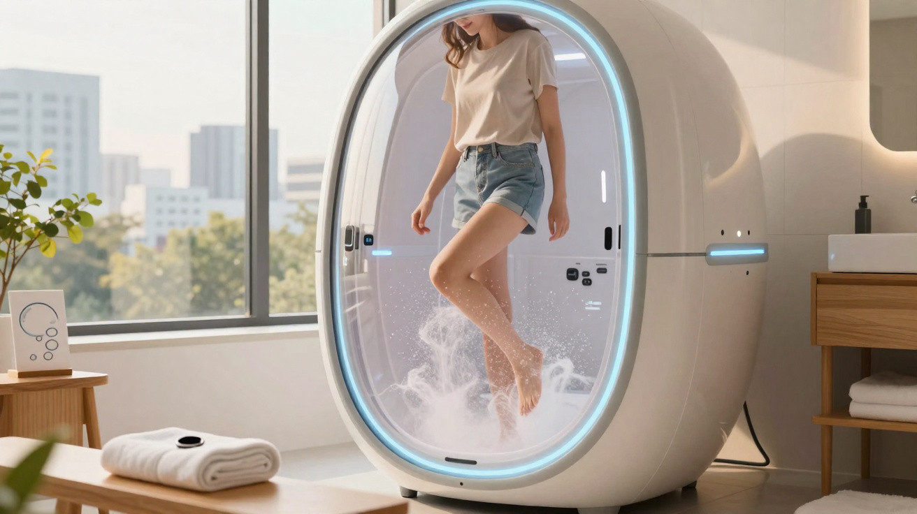 Mulher numa cápsula futurista de spa com nevoeiro, vestindo t-shirt branca e calções azuis, em ambiente moderno.