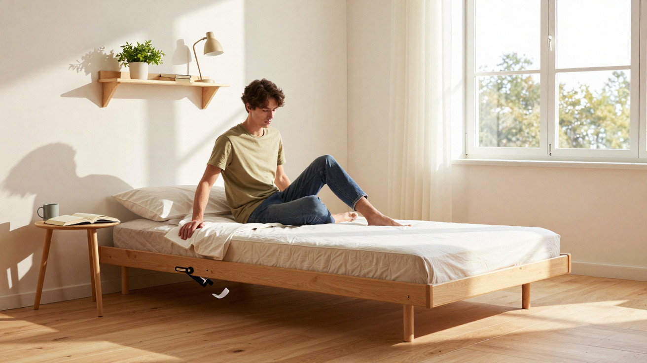 Rapaz sentado numa cama simples de madeira num quarto luminoso com janelas grandes e decoração minimalista.