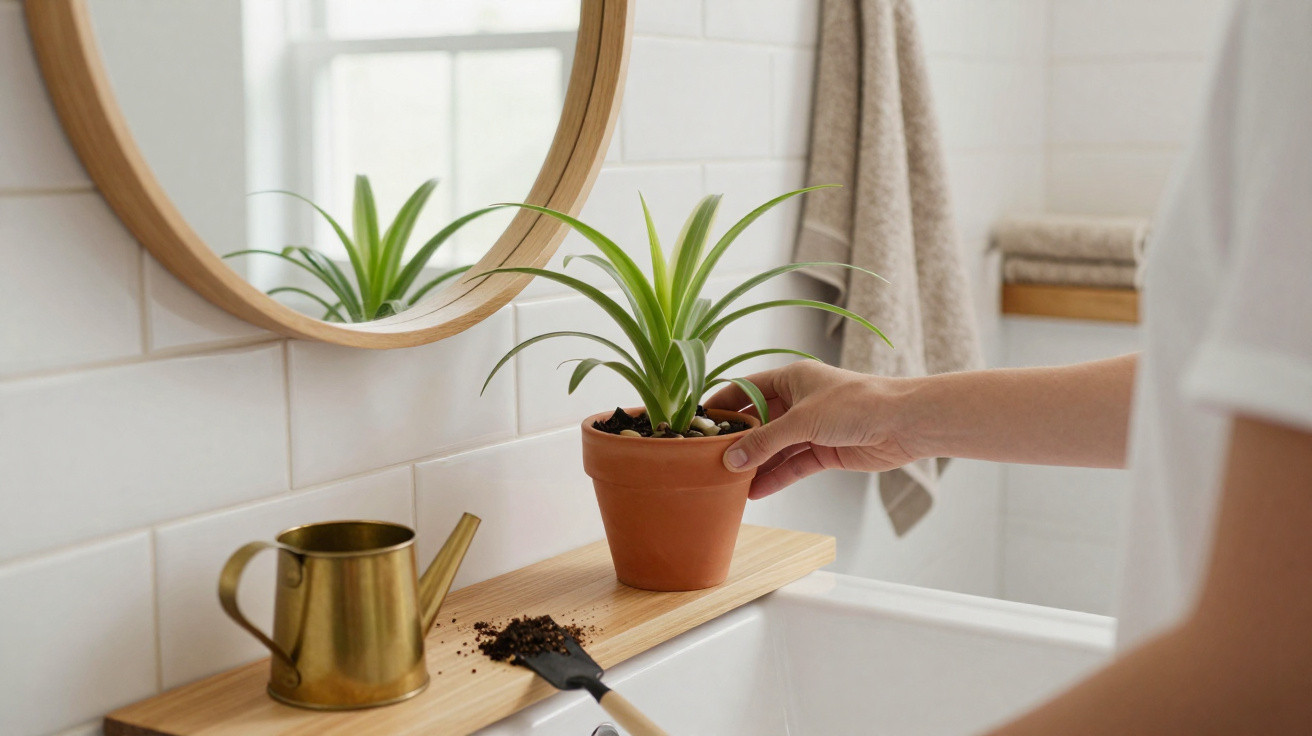 Pessoa a colocar vaso com planta sobre a bancada de casa de banho junto a espelho redondo.