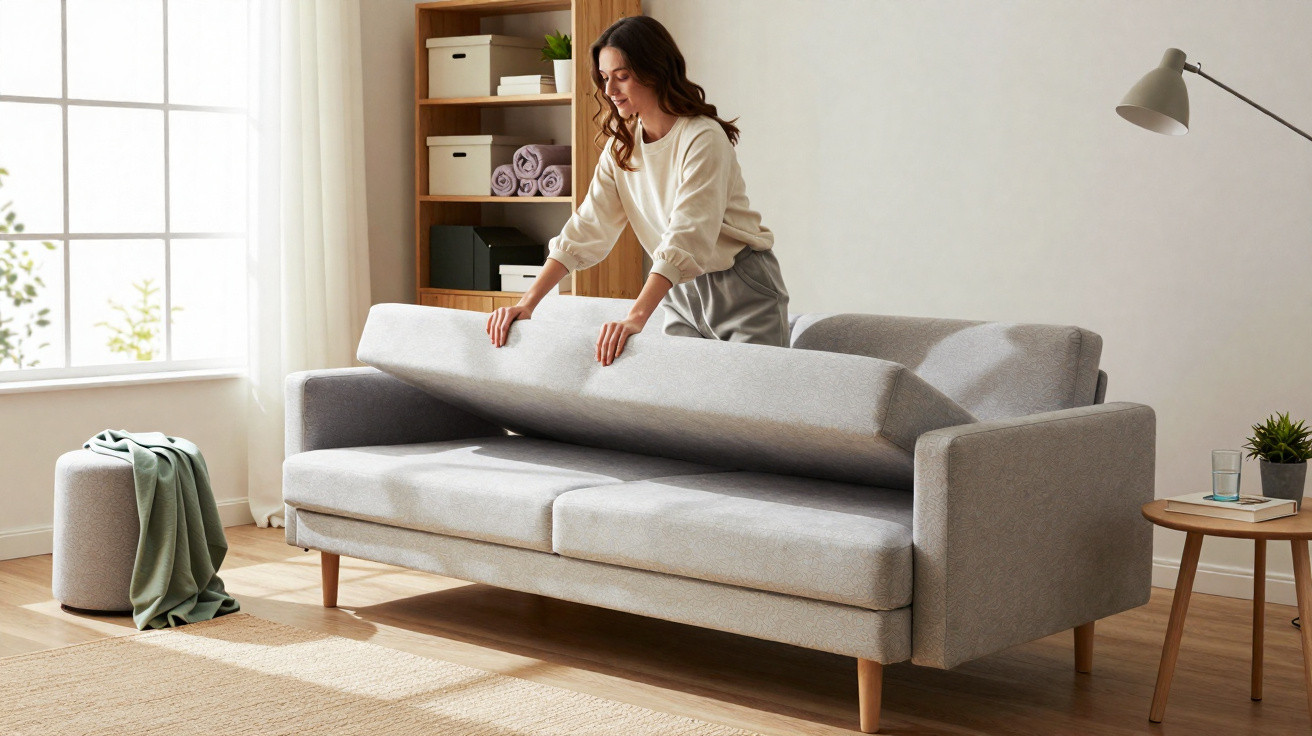 Mulher a ajustar almofada de sofá cinzento numa sala com luz natural e decoração minimalista.