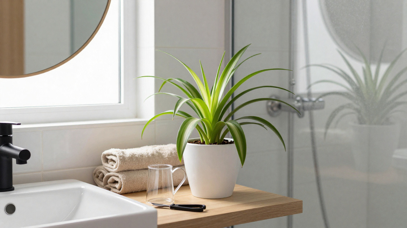 Planta verde em vaso branco sobre bancada de madeira com toalhas dobradas, copo e espelho redondo num banheiro.