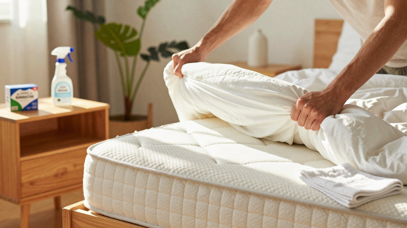 Pessoa a estender um edredão branco numa cama com colchão visível numa divisão iluminada.