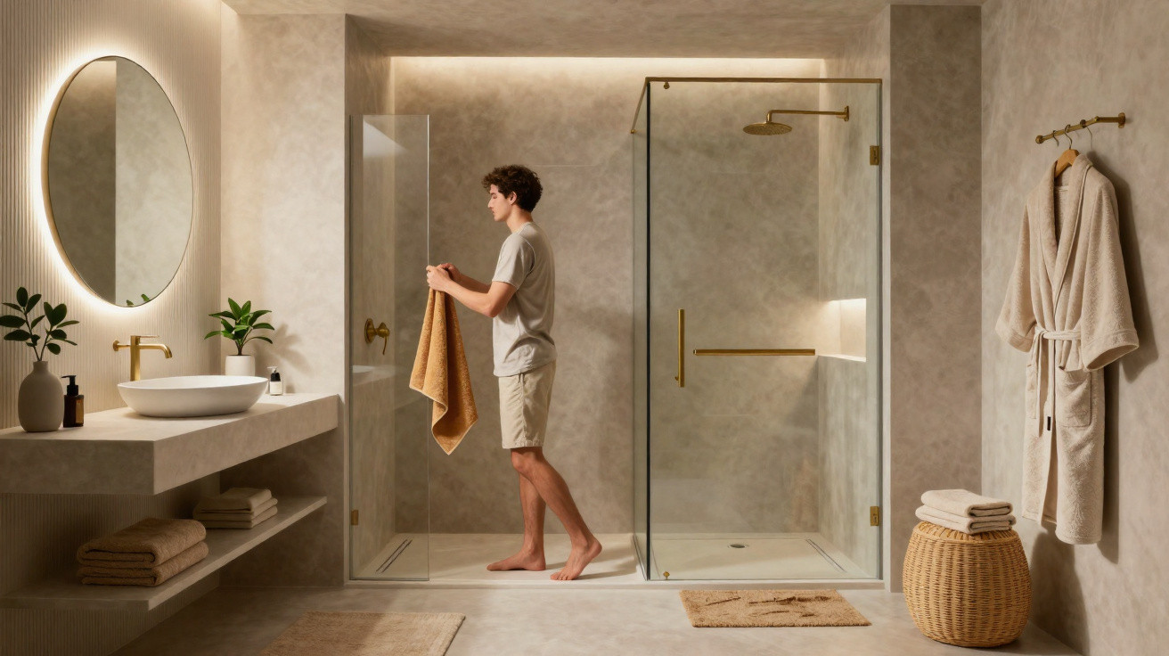 Homem a secar-se com toalha numa casa de banho moderna com decoração minimalista em tons neutros.