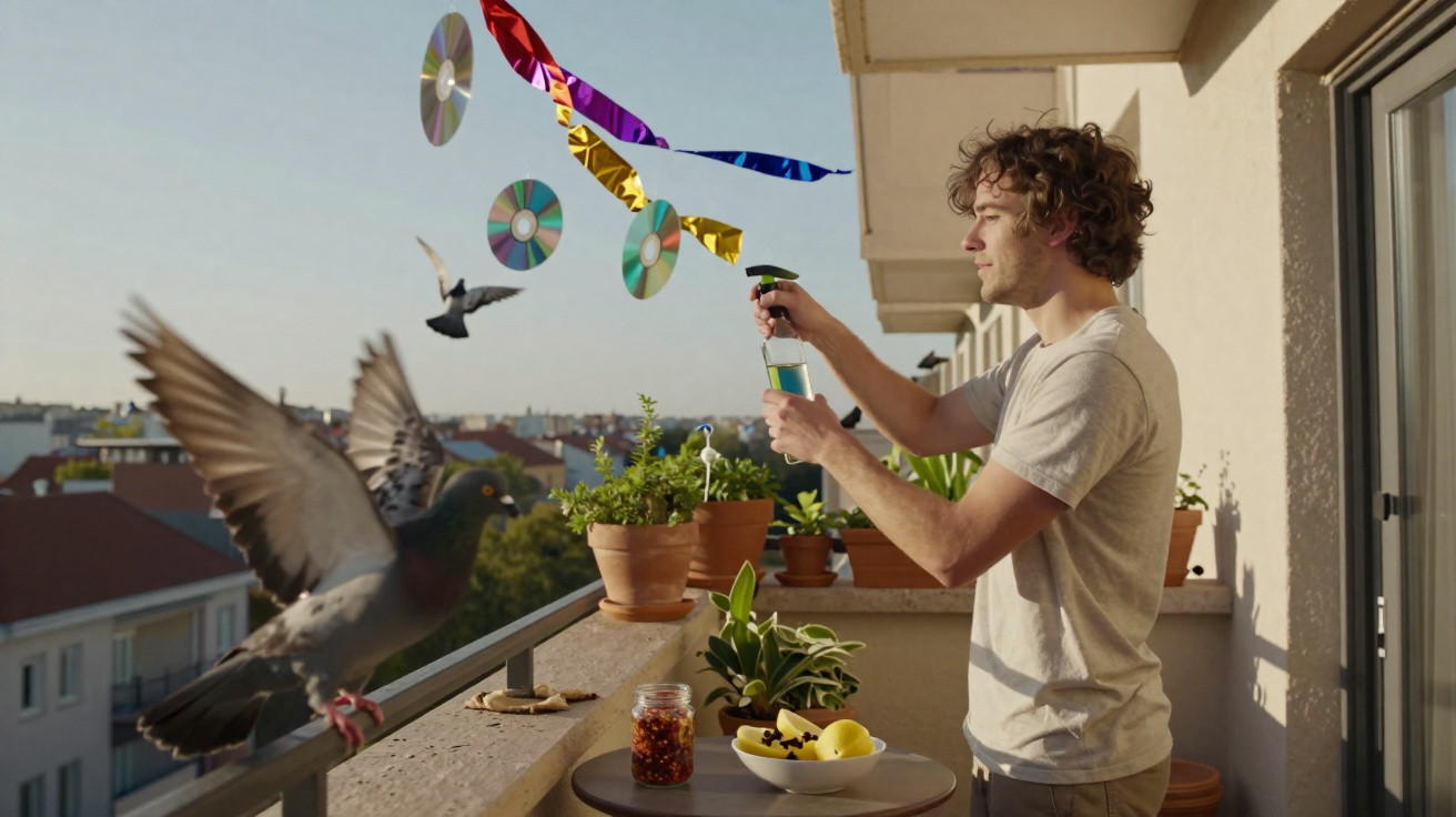 Homem rega plantas na varanda enquanto pombos voam perto de CDs pendurados com fitas coloridas.