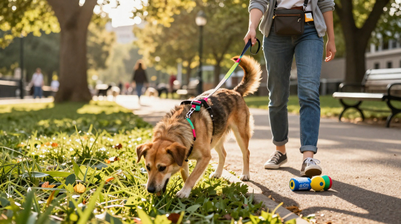 Pessoa a passear um cão com trela num parque urbano com relva e árvores ao fundo.
