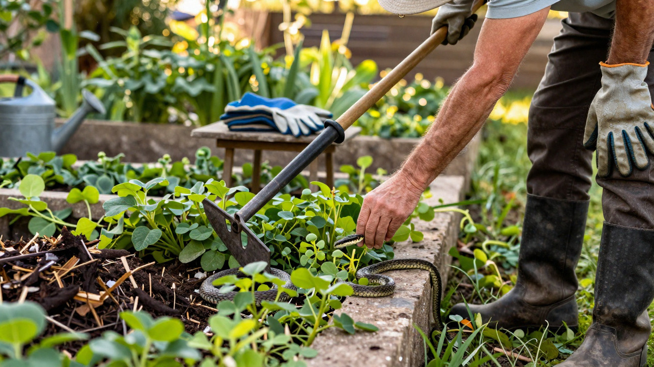 Pessoa a afastar uma cobra com um utensílio numa horta com plantas verdes.
