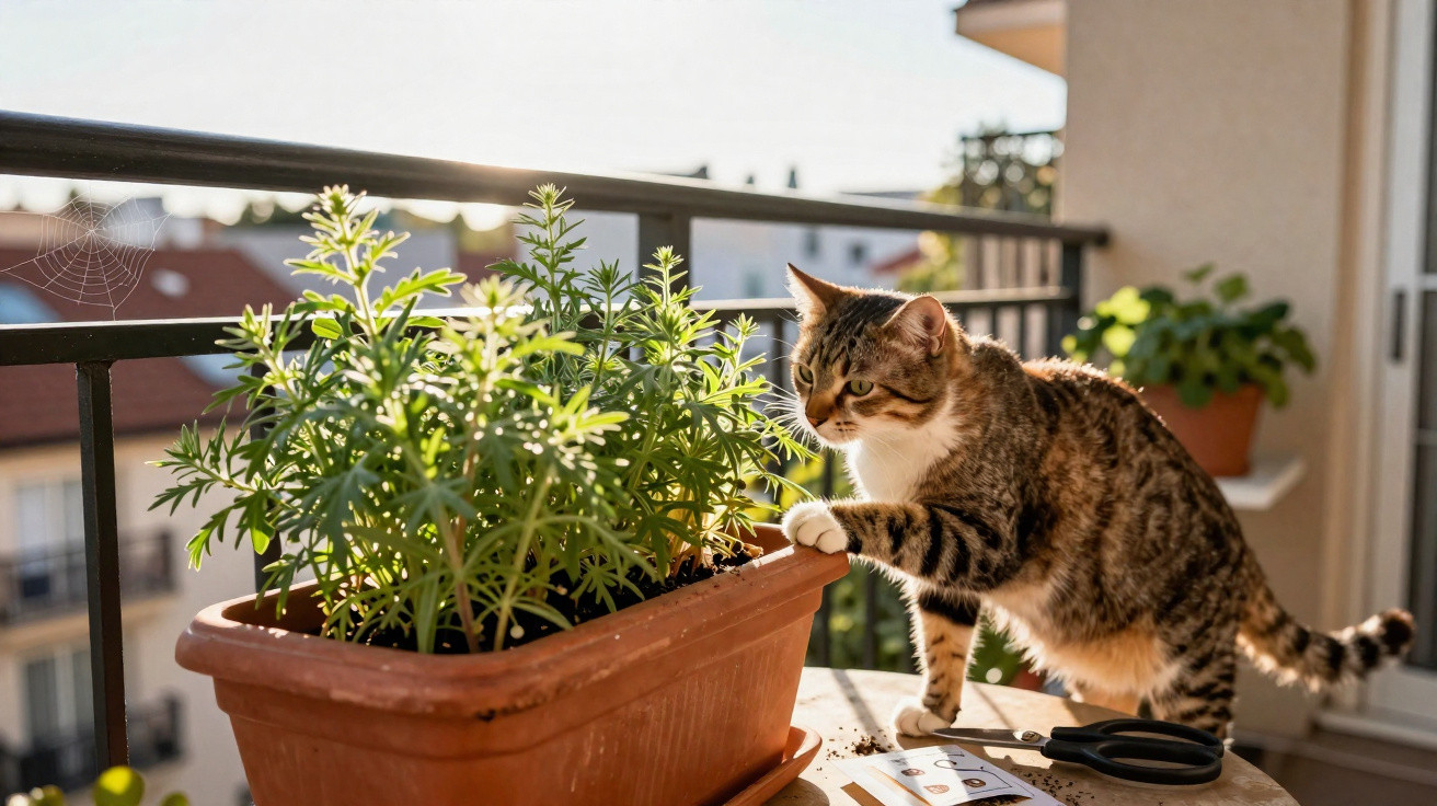 Gato tigrado a tocar vaso de plantas num terraço ensolarado com tesoura e terra espalhada.