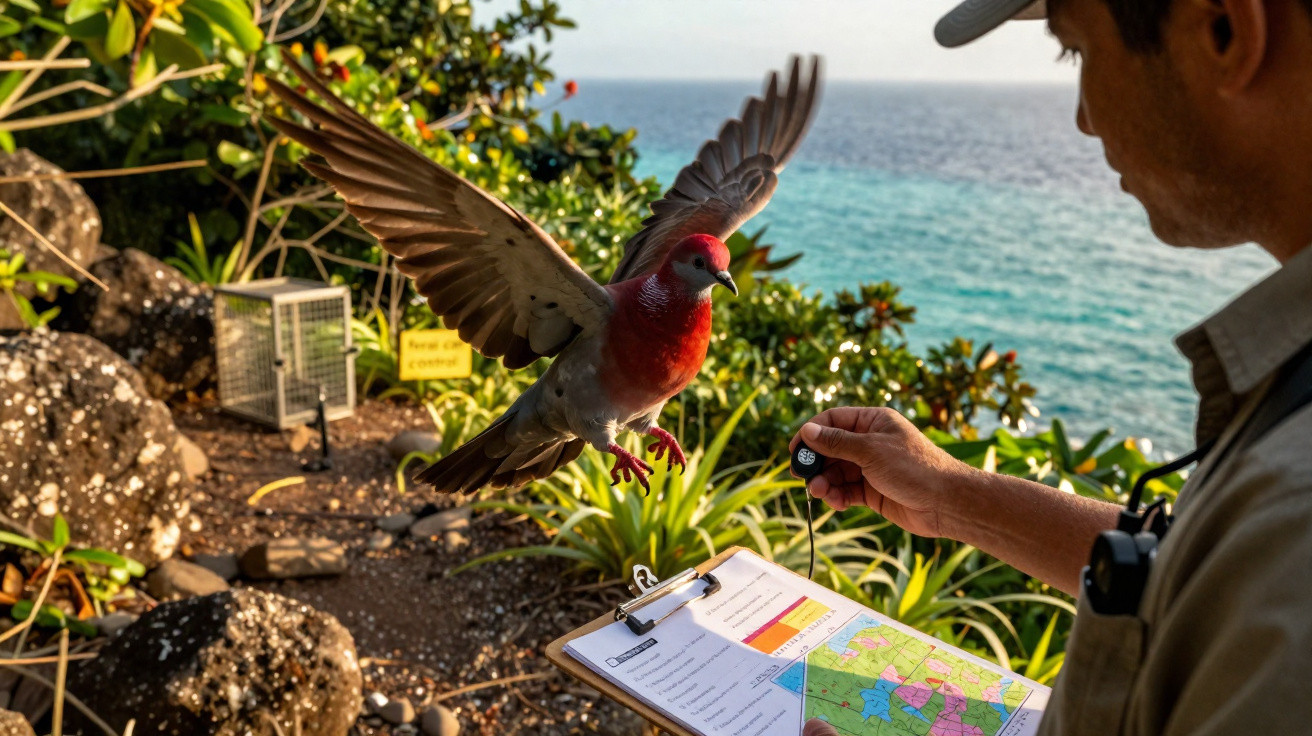 Pombo vermelho a voar perto de homem que segura prancheta com mapa junto ao mar e vegetação.