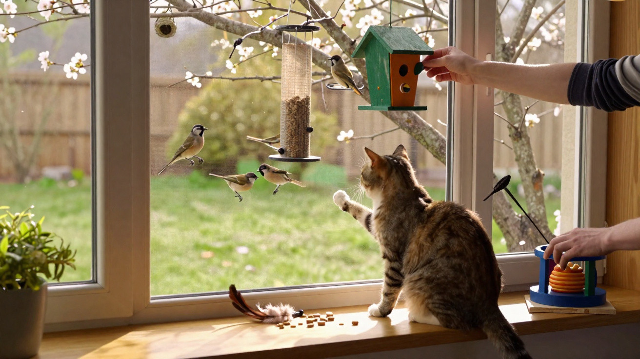 Gato observa passarinhos junto a casa de aves suspensa numa janela com luz natural e plantas.