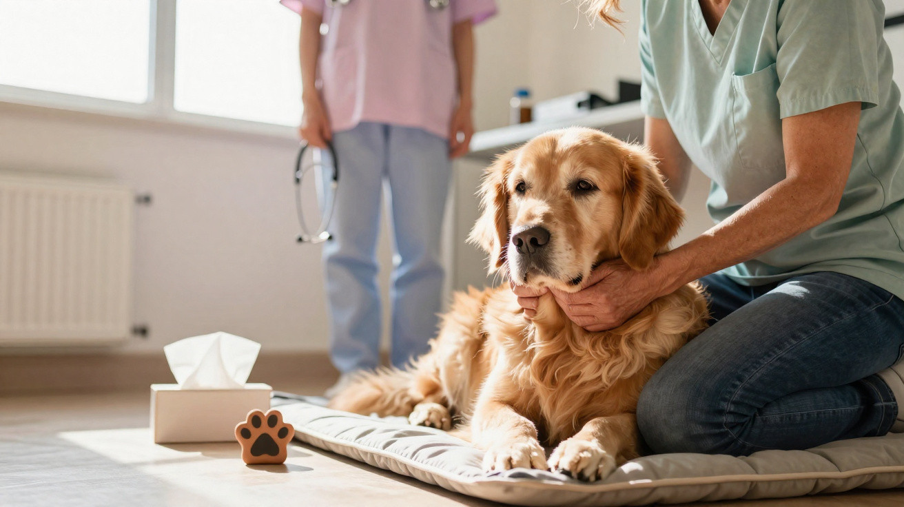 Cão golden retriever deitado numa cama enquanto duas pessoas, uma de pé com estetoscópio, cuidam dele numa clínica veterinári