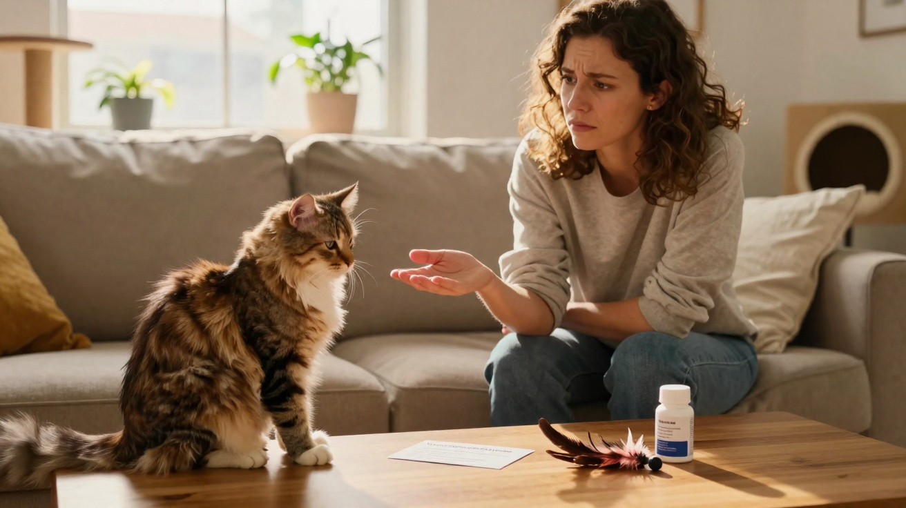 Mulher sentada no sofá parece falar com um gato em cima da mesa com brinquedos e medicamento.