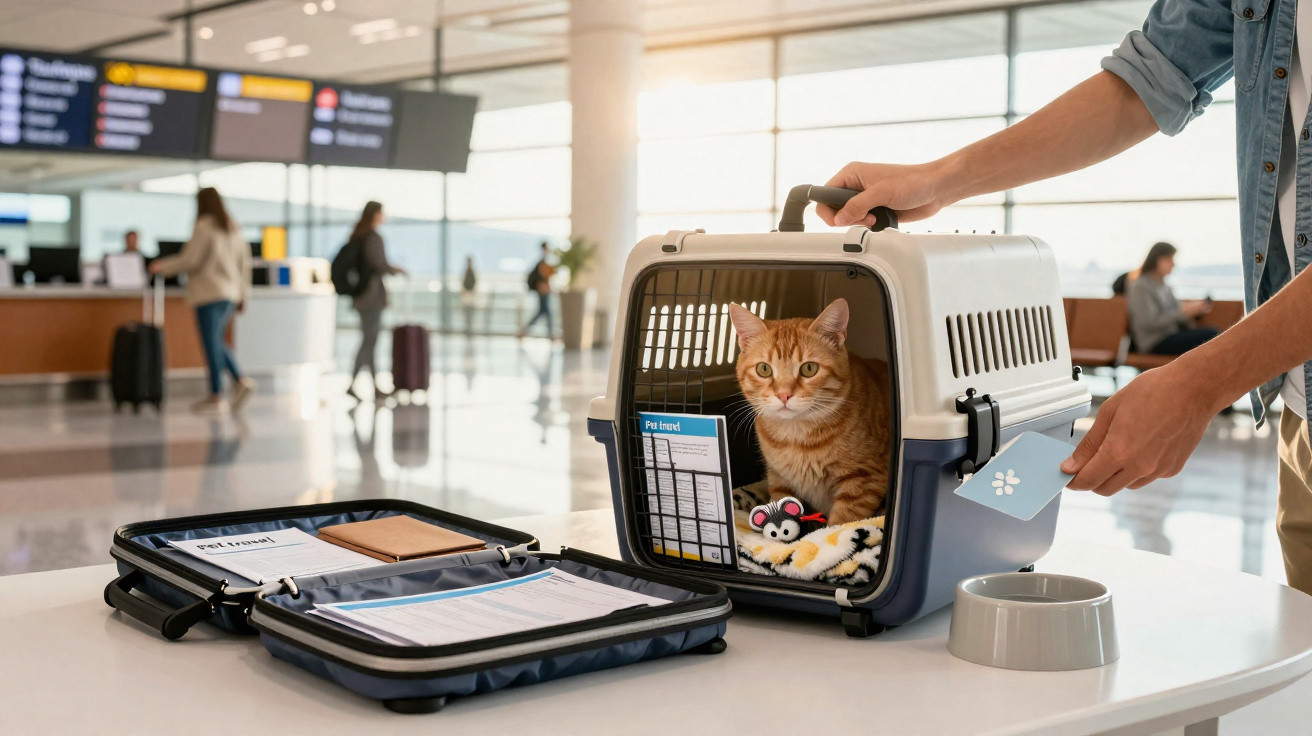 Gato dentro de transportadora para animais em balcão de aeroporto com documentos de viagem e comedouro ao lado.