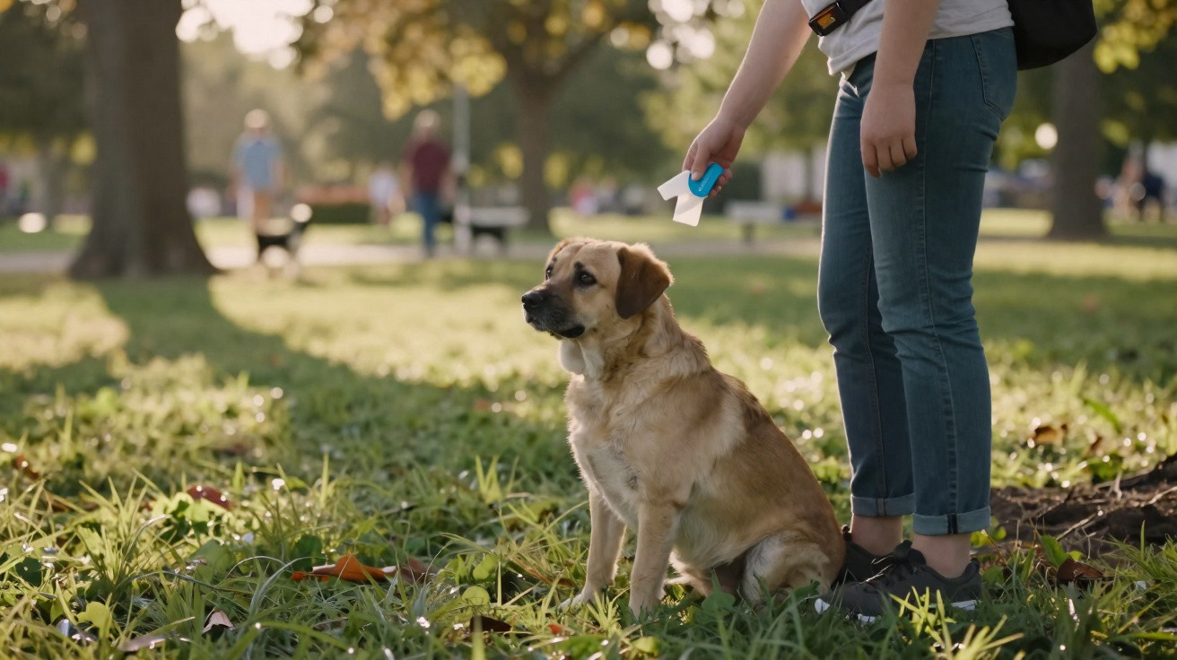 Cão sentado na relva enquanto uma pessoa segura um saco para recolha de excrementos num parque.
