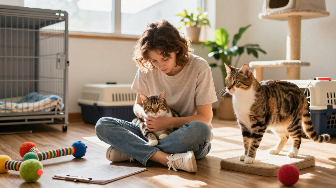 Pessoa sentada no chão com um gato no colo e outro gato ao lado em ambiente doméstico iluminado.