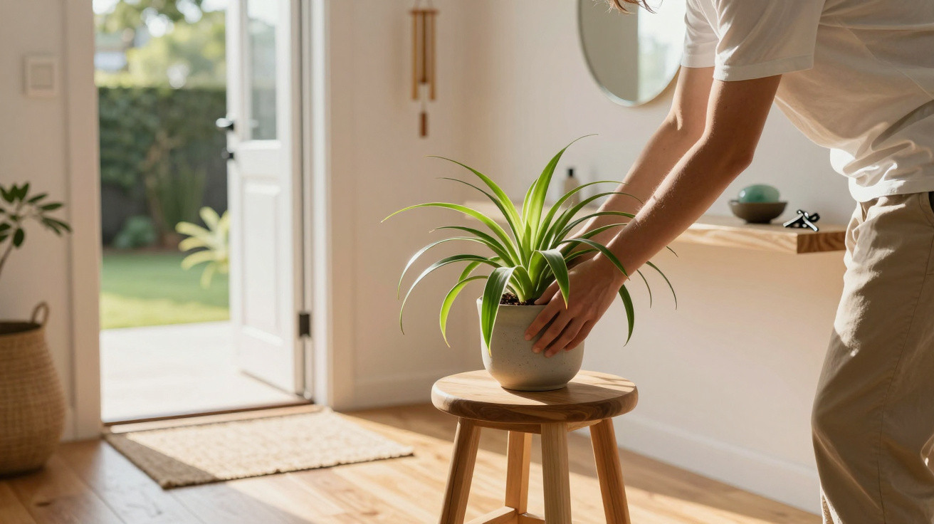 Pessoa a colocar planta em vaso num banco de madeira numa sala iluminada com porta aberta para o exterior.