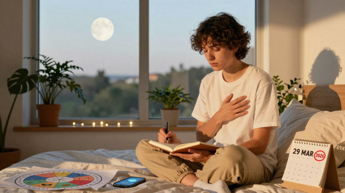 Jovem sentado na cama a escrever num caderno, com planta, calendário e lua cheia visíveis pela janela.
