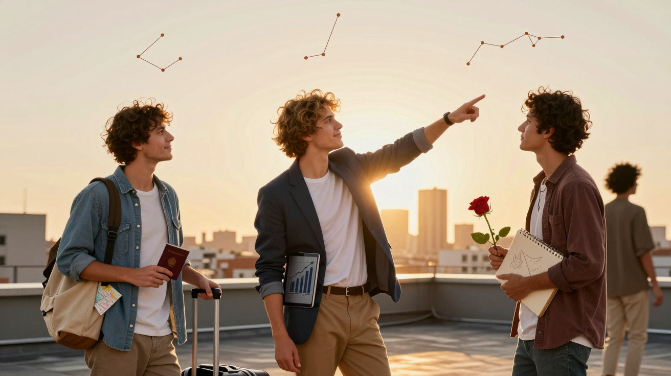 Três jovens conversam num terraço ao pôr do sol, um segura uma rosa e outro aponta para constelações no céu.