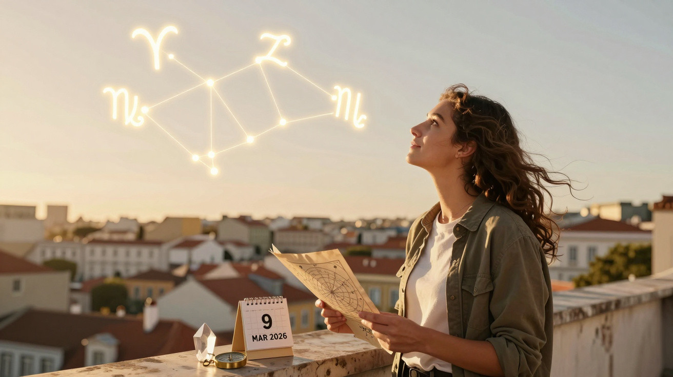 Mulher contempla símbolos astrológicos brilhantes ao pôr do sol, segurando mapa astral na varanda da cidade.