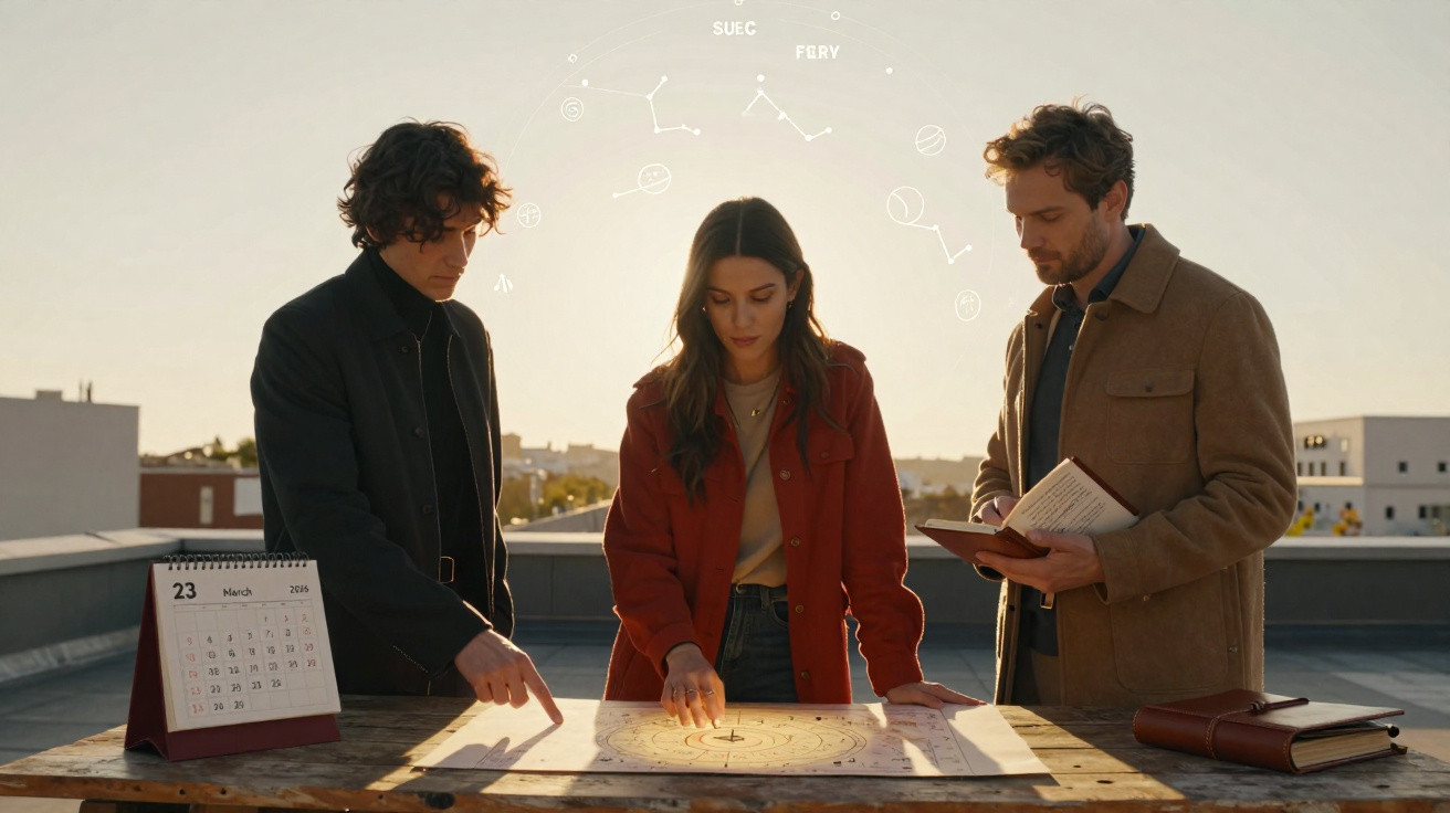Três jovens analisam um mapa astrológico num terraço durante o pôr do sol com calendários e livros à volta.