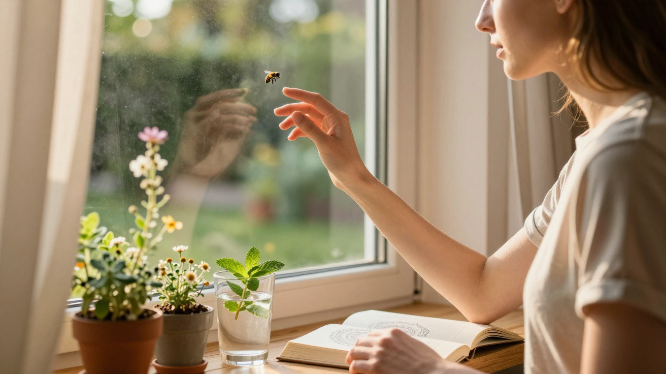 Mulher numa janela estende a mão para uma abelha, com várias plantas e um livro numa mesa iluminada.